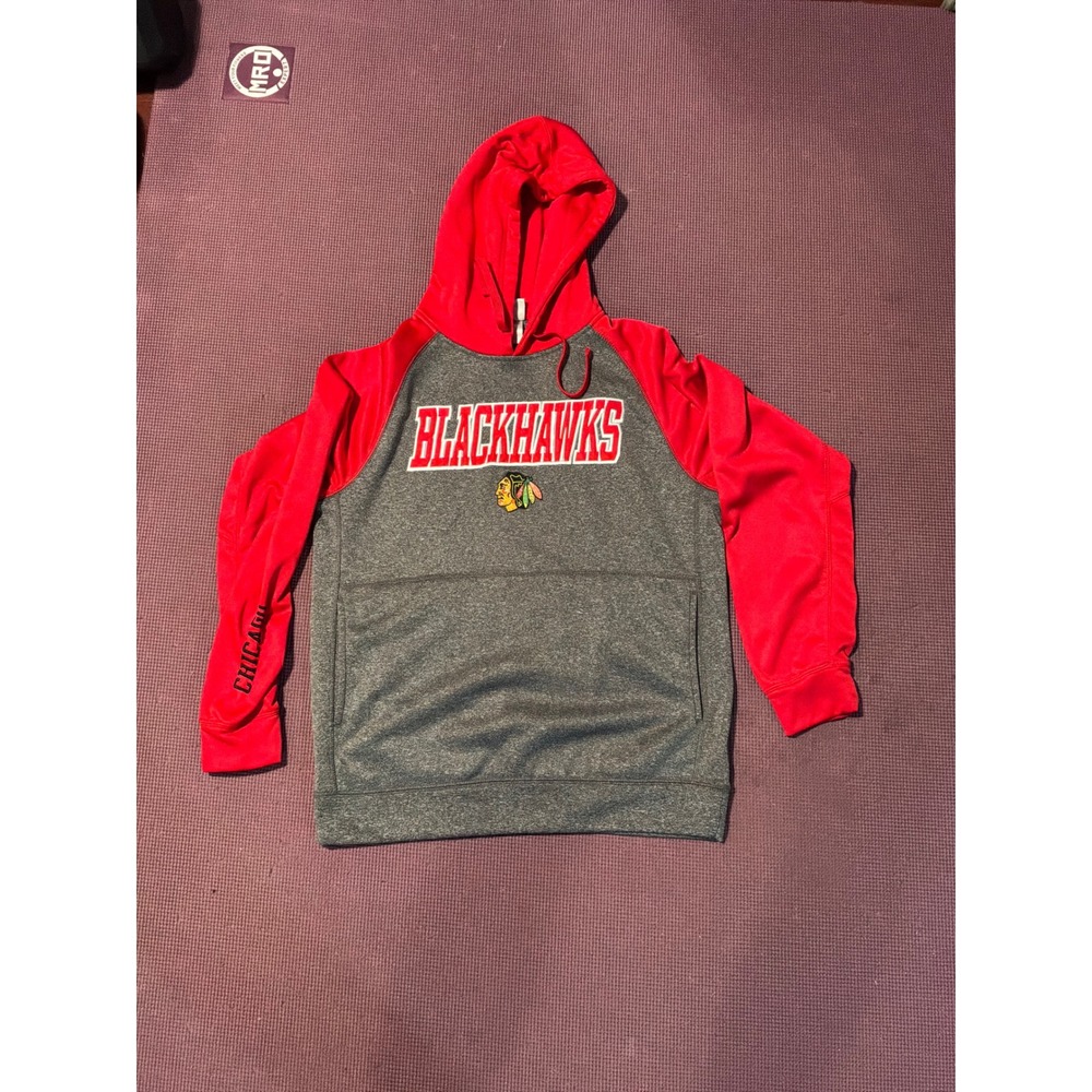 NHL Chicago Blackhawks Hoodie Mens Medium Red Gray Raglan Pullover Sweatshirt